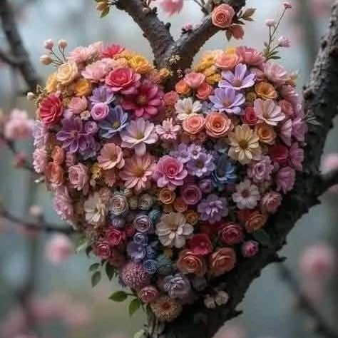 rama de árbol con corazón de flores de distintos colores