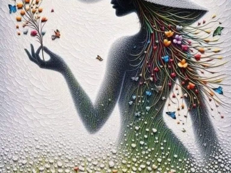 silueta de mujer con cabello en forma de flores de colores, corazones y mariposas