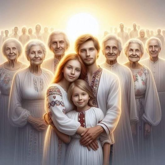 pareja con hija en primer plano, y después todos sus ancestros y antepasadas que les precedieron